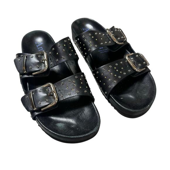 Antenora Black Double Buckle Strap Slide Sandals - Picture 1 of 6